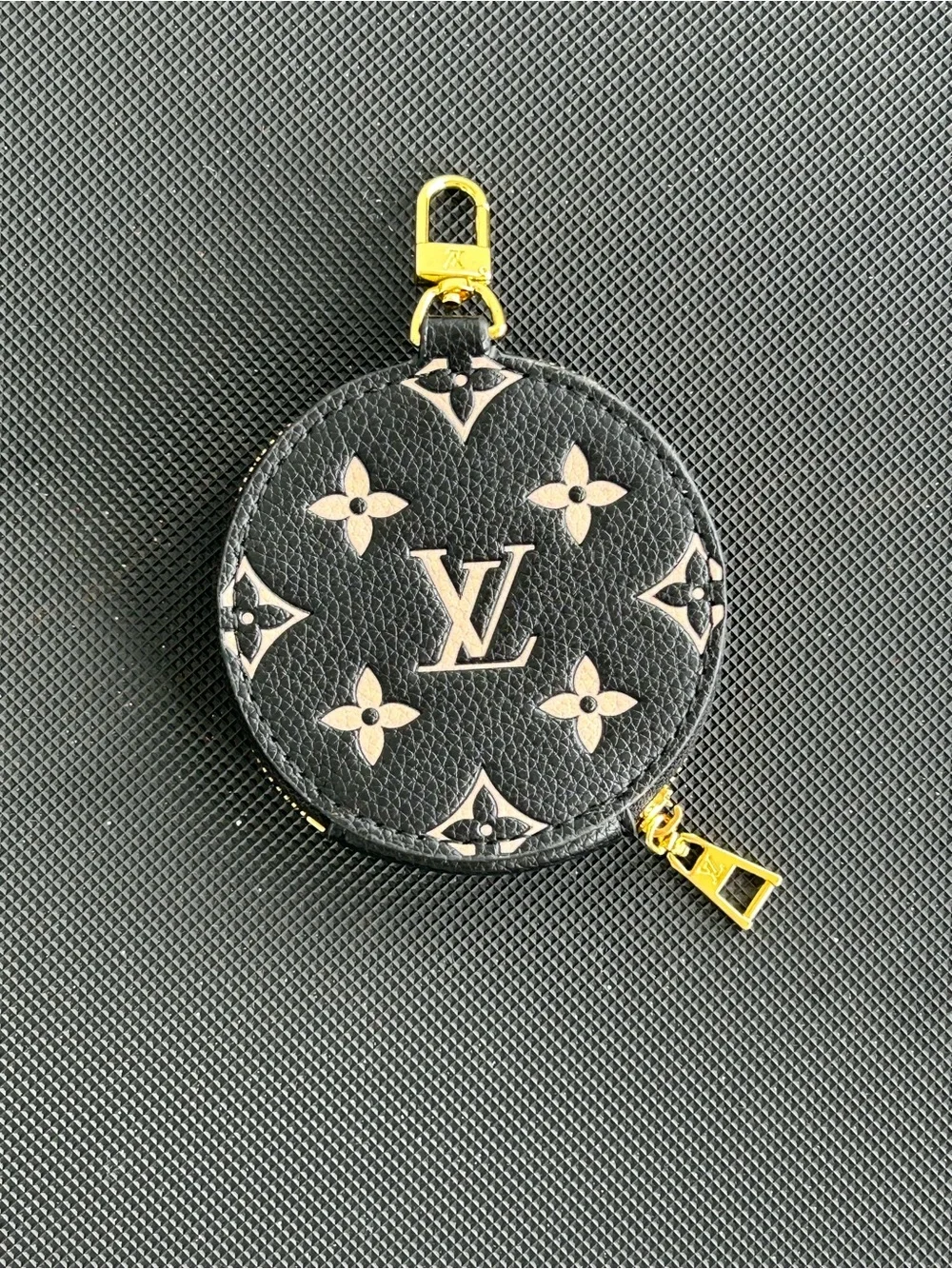 LV Black & Cream Monogram Round Coin Pouch with Gold Hardware